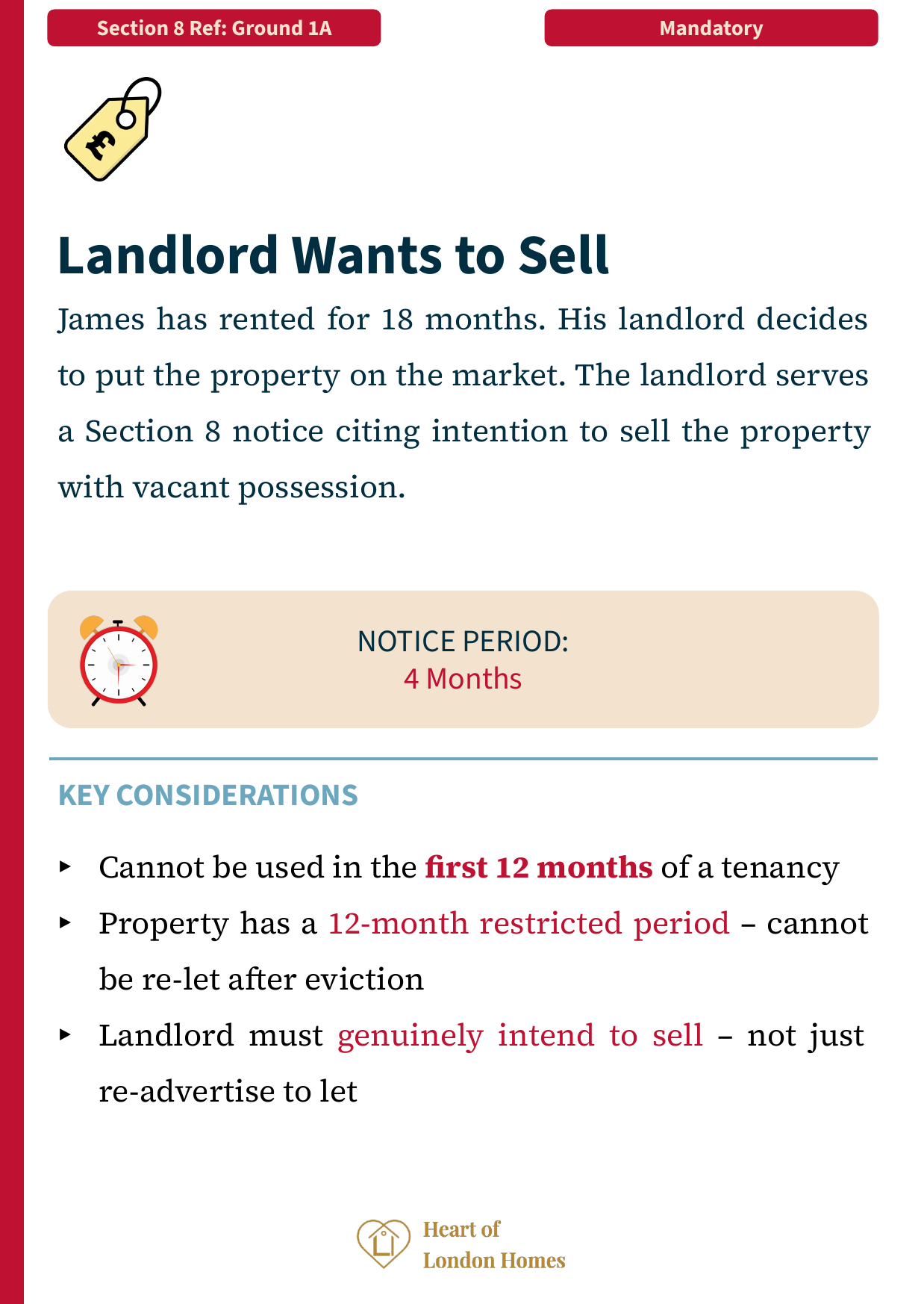 Ground 1A — Landlord wants to sell: mandatory ground with 4 months’ notice and 12-month re-letting restriction