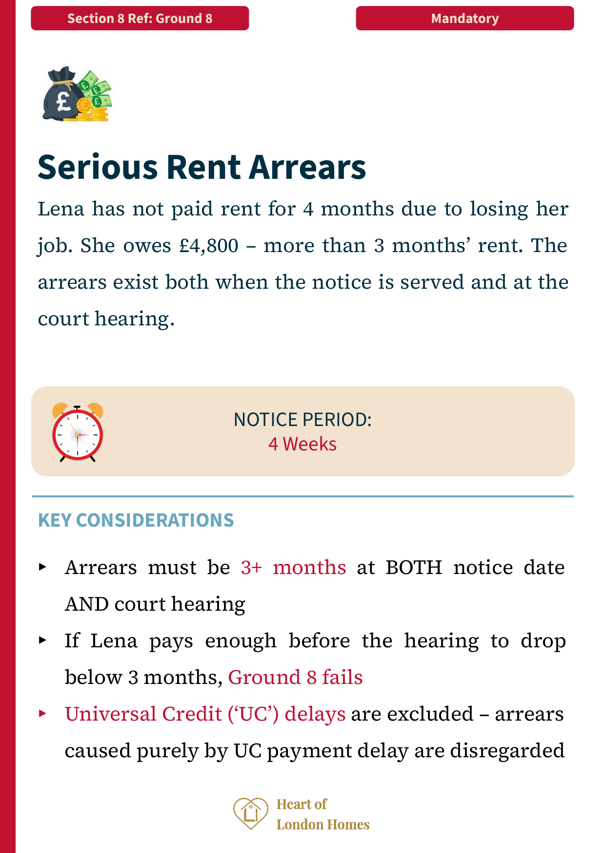 Ground 8 — Serious rent arrears: mandatory ground requiring 3+ months’ arrears at notice and hearing