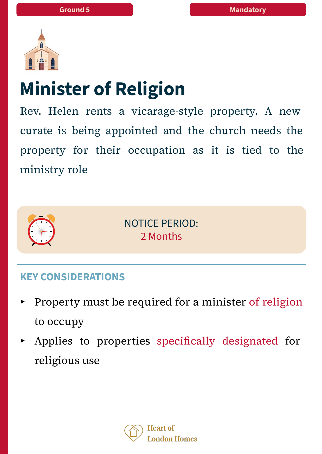 Ground 5 — Minister of religion: mandatory employment ground where property is tied to the role