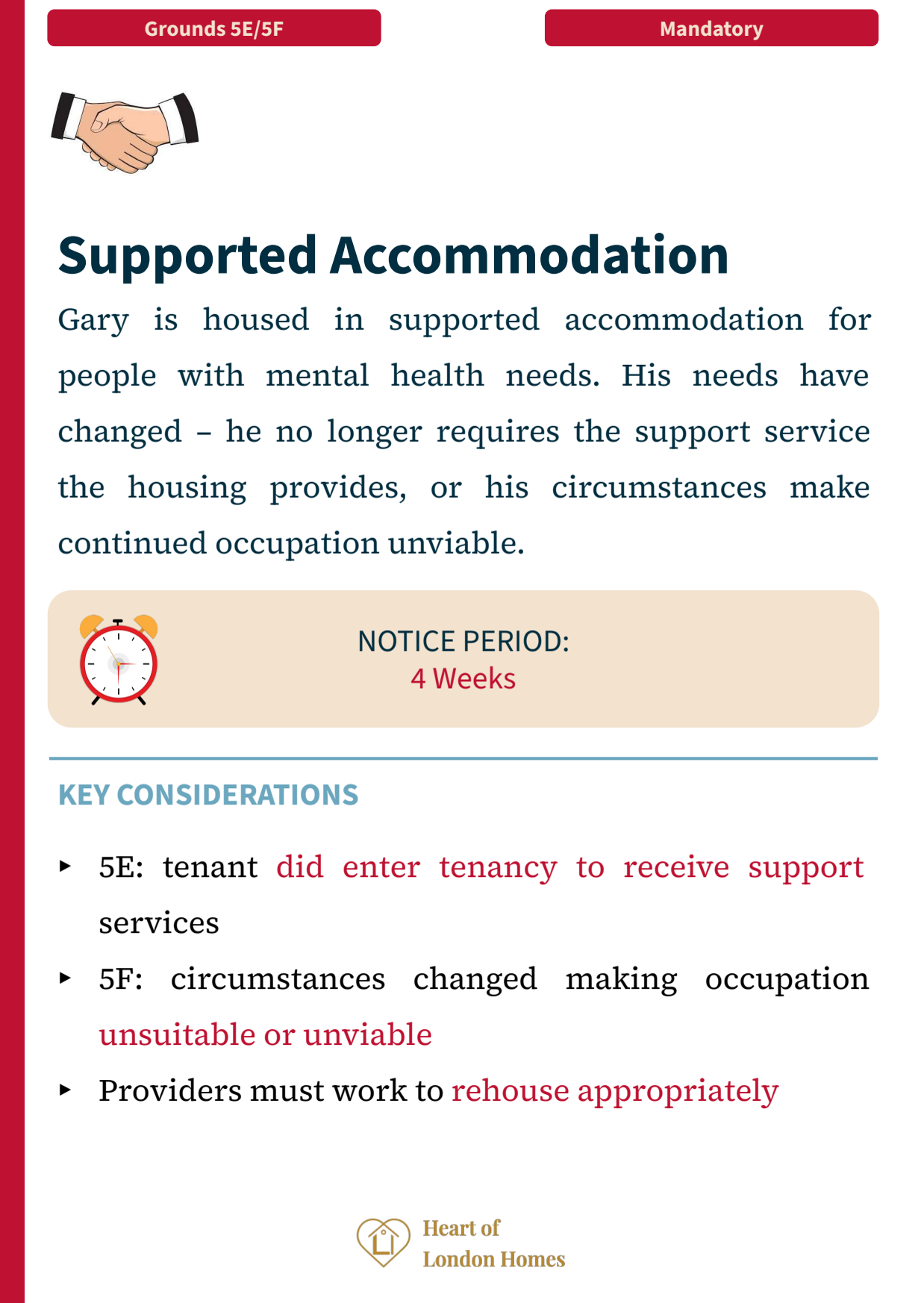 Grounds 5E/5F — Supported accommodation: mandatory grounds where provider must rehouse tenant