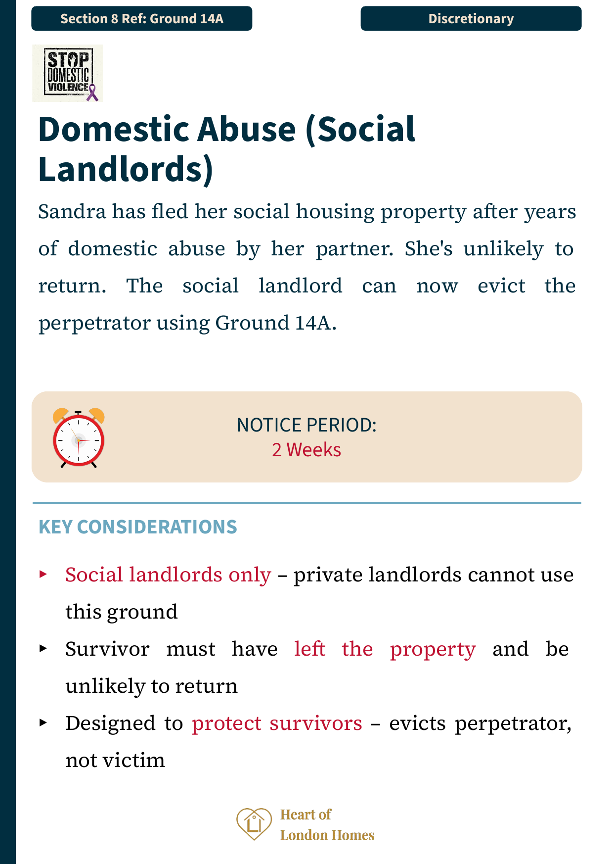 Ground 14A — Domestic abuse: discretionary ground for social landlords, evicts perpetrator not victim